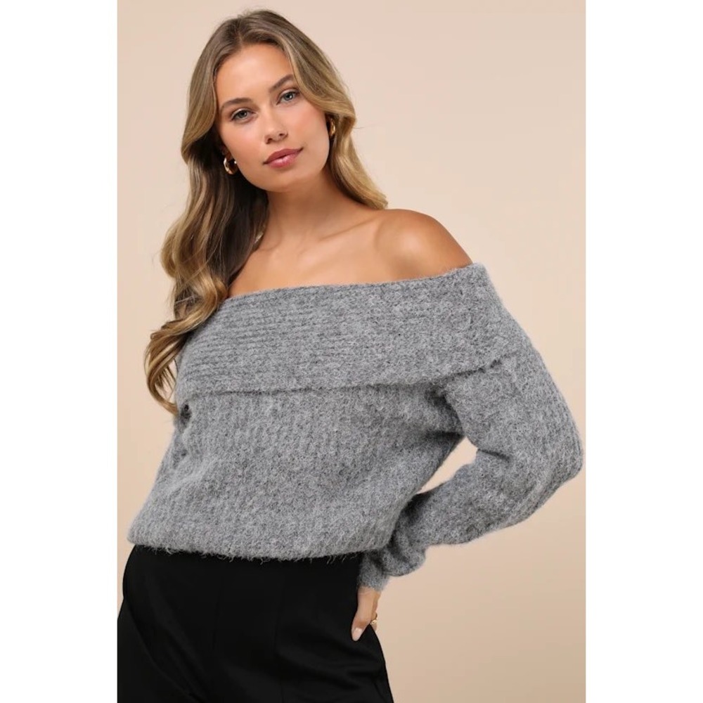 Lulu's Off-The-Shoulder Chunky Knit Grey Sweater Size Small